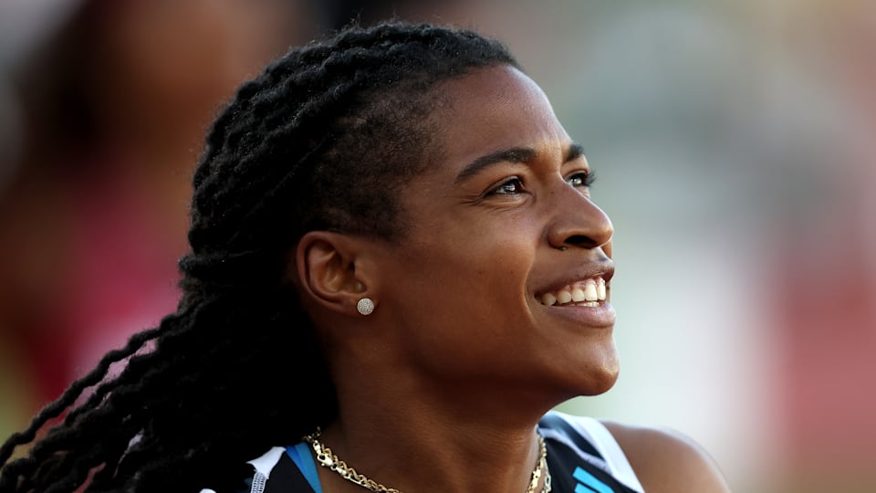 Aleia Hobbs looks on after competing in the Women 100 Meter Dash Final during the USATF Championships at Hayward Field on June 24, 2022 in Eugene, Oregon.