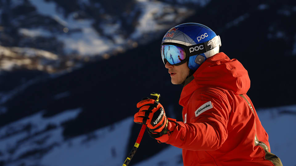 Marco Odermatt fotografiado en Saalbach antes de una carrera de entrenamiento para el Campeonato Mundial de 2025.