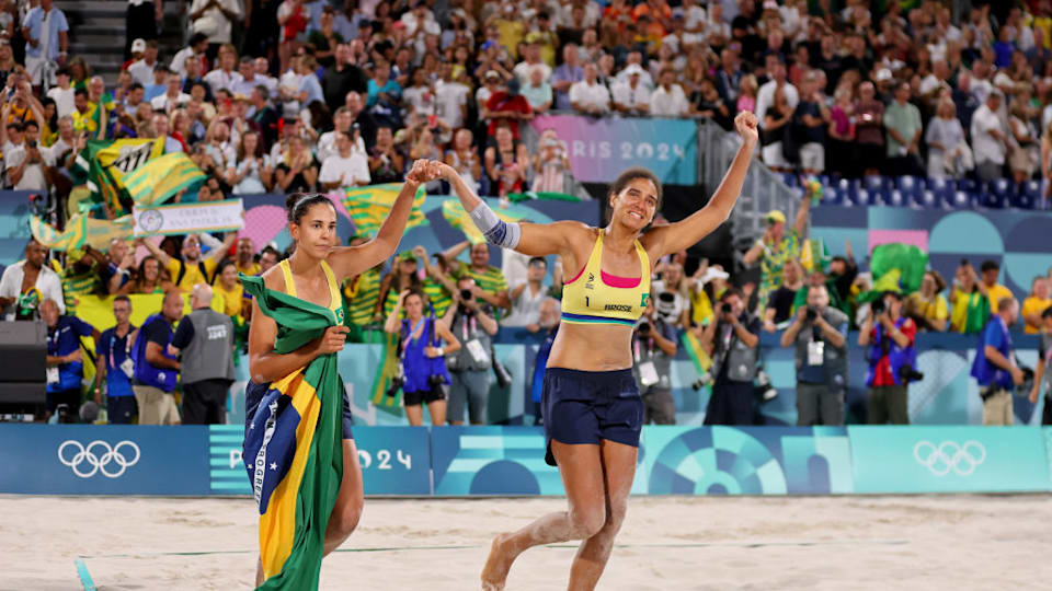 Eduarda 'Duda' Santos Lisboa (left) and Ana Patricia Silva Ramos, Brazil beach volleyball gold medallists at Olympic Games Paris 2024