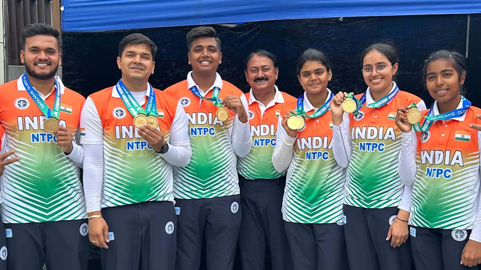 Indian compound archers after winning gold medals at the Archery World Cup Stage 1 in Shanghai.