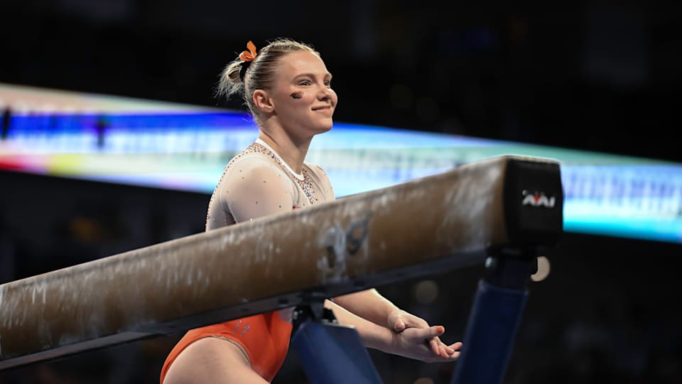 Jade Carey from Oregon State competes on the balance beam