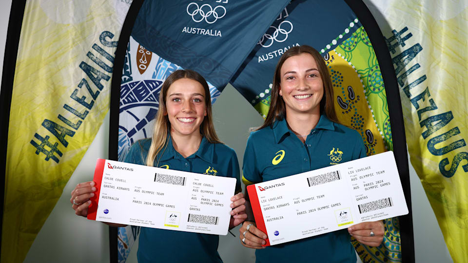 Chloe Covell and Liv Lovelace pose during the Australian 2024 Paris Olympic Games Skateboarding Squad Announcement.