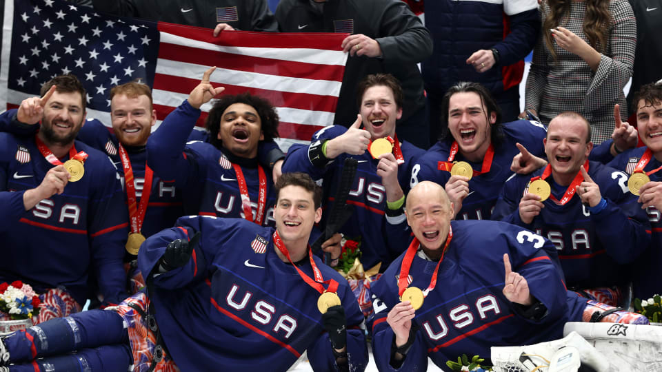 Team USA celebrating Para Ice Hockey gold at Beijing 2022 Winter Paralympics