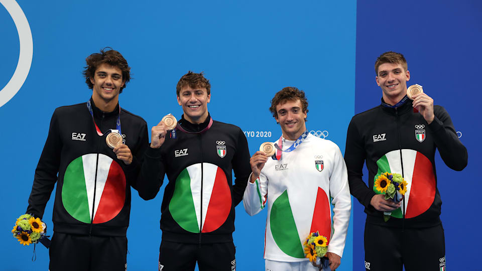 Ceccon, Martinenghi, Burdisso, Miressi: medaglia di bronzo all'Italia della 4x100 misti alle Olimpiadi di Tokyo 2020.