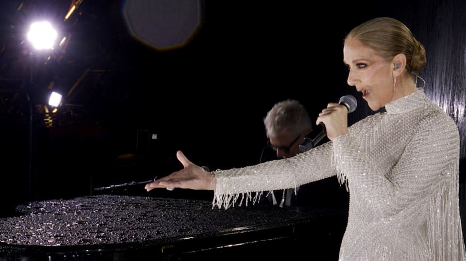 Celine Dion performs on the Eiffel Tower during the Paris 2024 Opening Ceremony