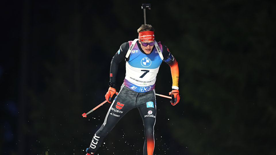 NOVE MESTO NA MORAVE, CZECH REPUBLIC - FEBRUARY 10: Benedikt Doll of Germany competes in the Men's 10k Sprint at the IBU World Championships Biathlon Nove Mesto na Morave on February 10, 2024 in Nove Mesto na Morave, Czech Republic. (Photo by Alex Grimm/Getty Images)