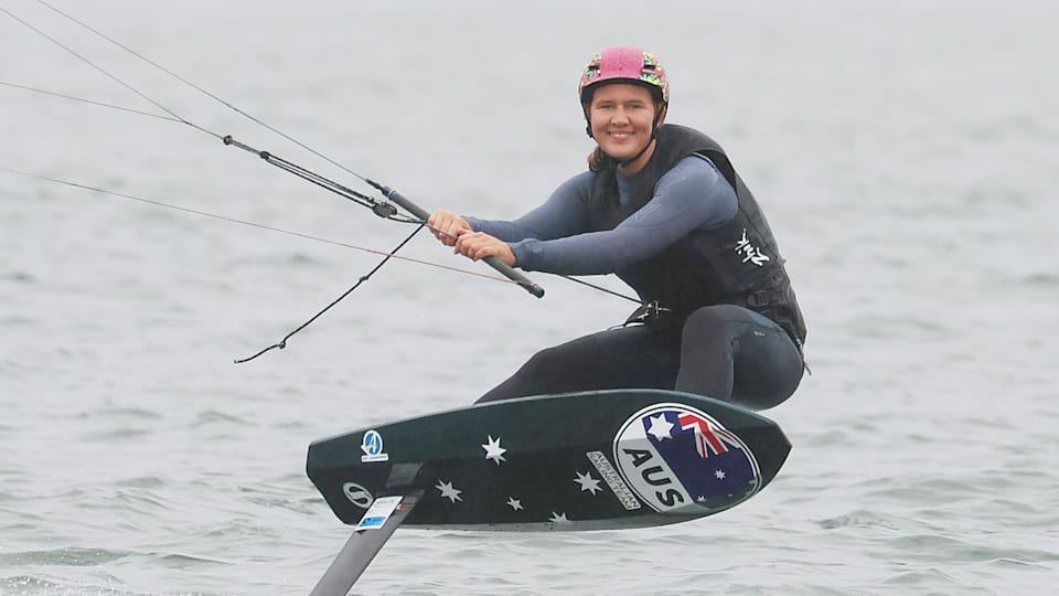 Kite Foil sailor Breiana Whitehead takes part in a sailing demonstration during an Australian Paris 2024 Olympic Games Team Selection Media Opportunity at the Georges River Sailing Club on November 21, 2023 in Sydney, Australia.
