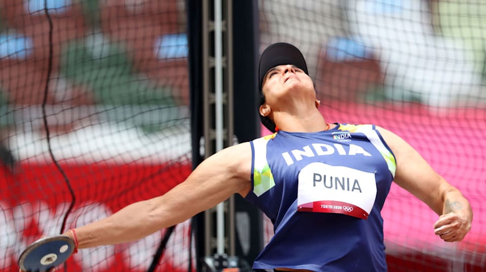 Indian discus throw athlete Seema Punia in action.