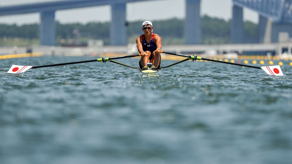 Ryuta Arakawa of Team Japan competes during the Men's Single Sculls Quarterfinal 3 on day two of the Tokyo 2020 Olympic Games 