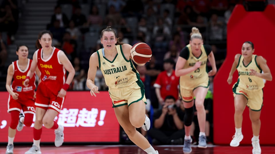 Isobel Borlase #20 of Australia drives to the basket during International Friendly match between China and Australia at Liaoning Sports Center on May 31, 2024 in Shenyang, China.