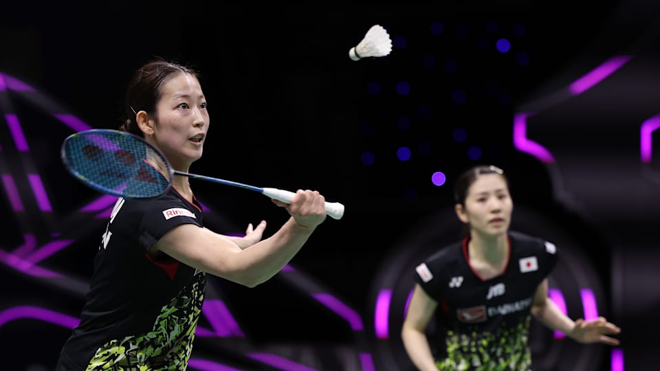 Nami Matsuyama and Chiharu Shida of Japan compete in the Women's Doubles Quarter Finals match against Jongkolphan Kititharakul and Rawinda Prajongjai of Thailand during day six of the Sudirman Cup at Suzhou Olympic Sports Center Gymnasium on May 19, 2023 in Suzhou, China. 