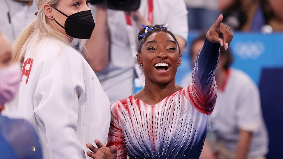  Simone Biles of Team United States reacts 