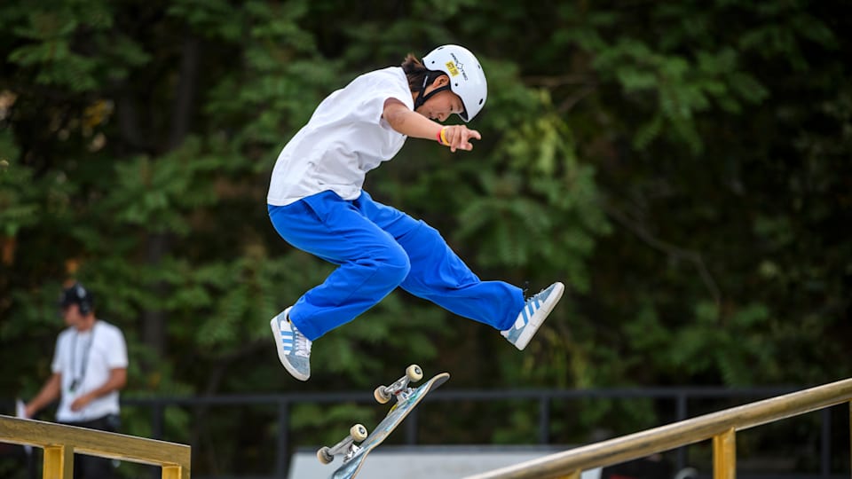 Tokyo 2020 Olympic gold medallist Nishiya Momiji in action at the first Paris 2024