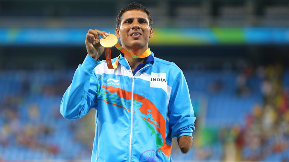 RIO DE JANEIRO, BRAZIL - SEPTEMBER 13: Gold medalist Devendra of India poses on the podium at the medal ceremony for men's Javelin Throw - F46 during day 6 of the Rio 2016 Paralympic Games at the Olympic Stadium on September 13, 2016 in Rio de Janeiro, Brazil. (Photo by Lucas Uebel/Getty Images)