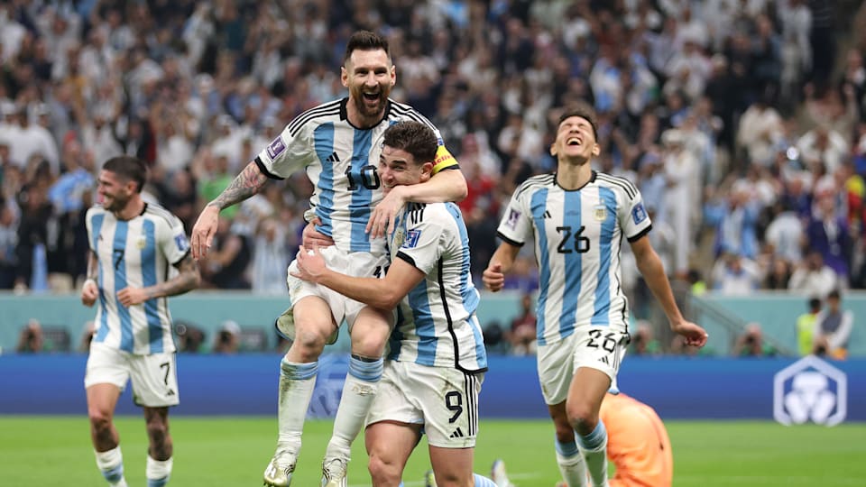 Lionel Messi and Julian Alvarez celebrate after Argentina's second goal against Croatia in the FIFA World Cup semi-final