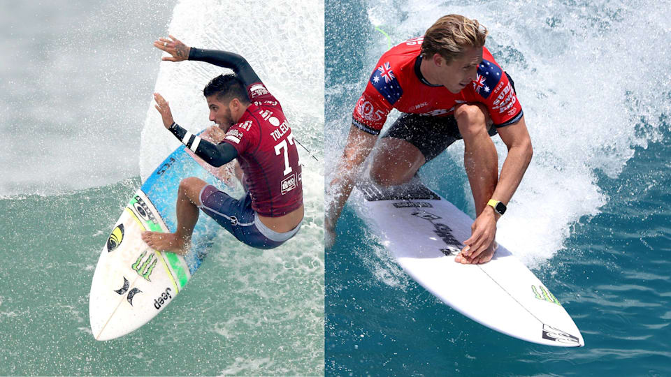 Picture of Brazil's Filipe Toledo and Australia's Ethan Ewing both surfing after they provisionally qualified for Paris 2024