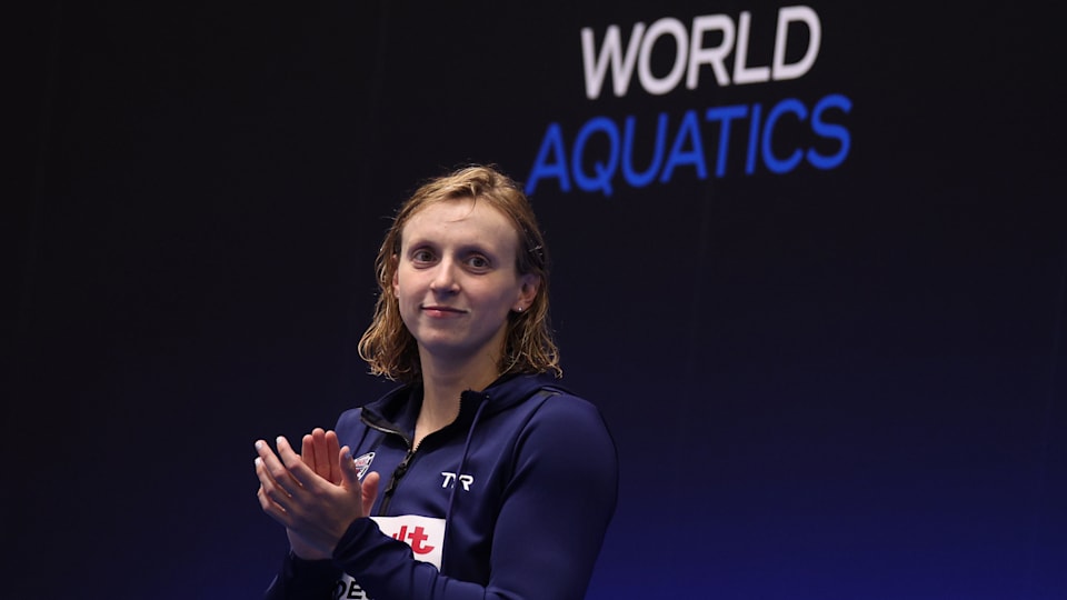 Katie Ledecky during a medal ceremony at the 2023 World Aquatics Championships in Fukuoka