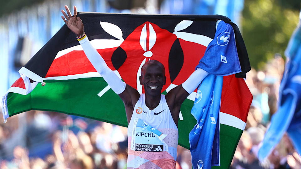 Eliud Kipchoge celebrates his fifth Berlin Marathon victory.