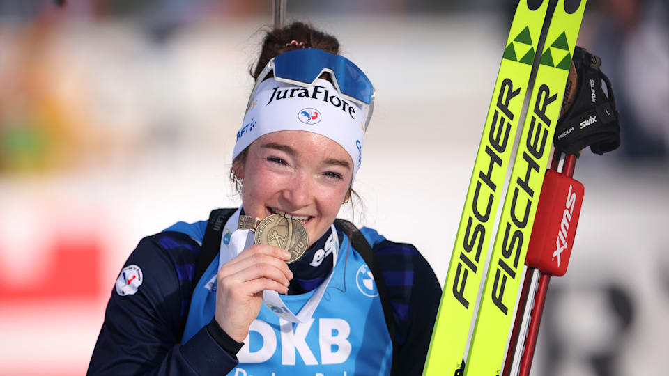 Bronze medallist Lou Jeanmonnot of France poses for a photo after the Women's 12.5KM Mass Start at the IBU World Championships Biathlon Nove Mesto na Morave on February 18, 2024 in Nove Mesto na Morave, Czech Republic. (Photo by Alex Grimm/Getty Images)