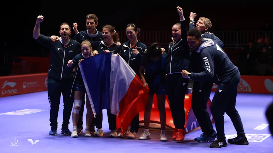 The French women's team at the ITTF World Team Table Tennis Championships 2024 in Busan, Republic of Korea, after winning their quarterfinal against Germany on 22 February (Photo credits: Rémy Gros/World Table Tennis)