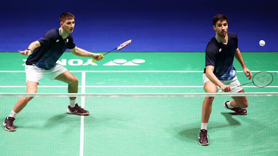 Toma Junior Popov and Christo Popov of France in action during their Men's Doubles match during Day One of the Yonex All England Open Badminton Championships 2023 at Utilita Arena Birmingham on March 14, 2023 in Birmingham, England.