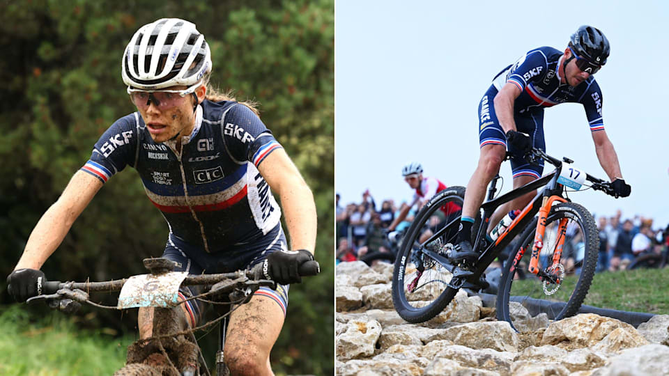 France's mountain bikers Loana Lecomte (on the left) Victor Koretzky (on the right) during the Cycling Mountain Bike - Women's Cross-Country at the European Championships 2022  in Munich, Germany.