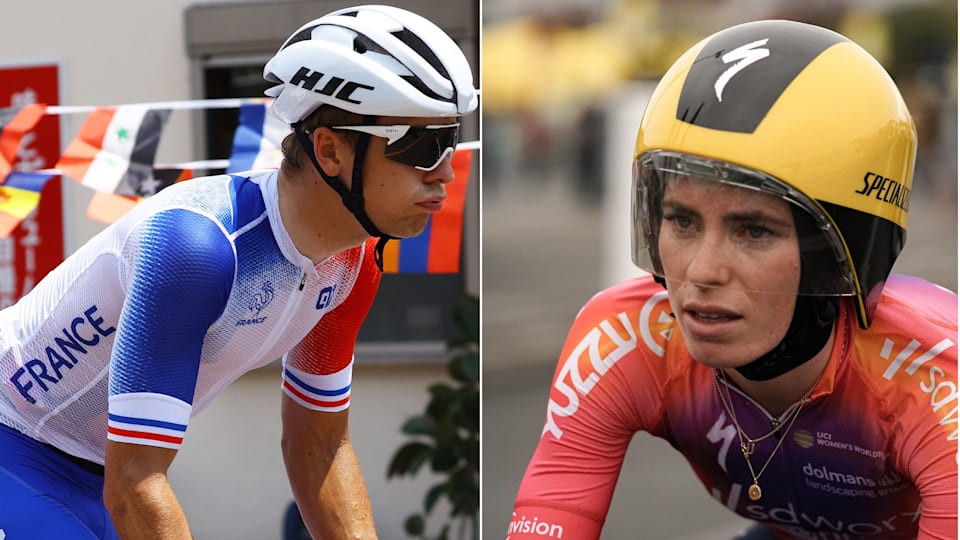 Benoit Cosnefroy of France (on the left) and Demi Vollering of the Netherlands (on the right)