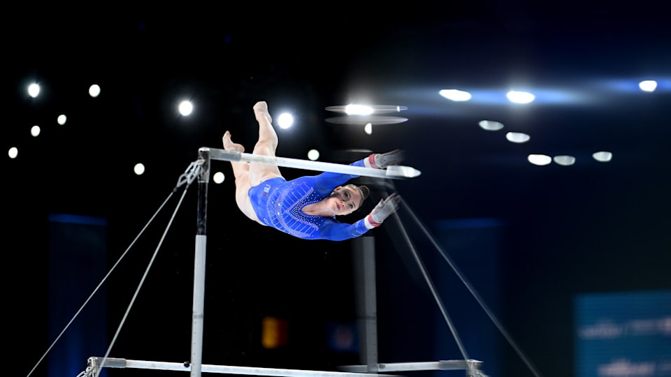 Morgane Osyssek-Reimer of Team France competes on Uneven Bars during the Women's Qualifications on Day Three of the 2023 Artistic Gymnastics World Championships on October 02, 2023 in Antwerp, Belgium.