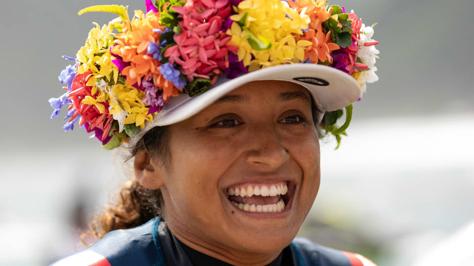 Vahine Fierro of France reacts after finishing first place in the Women's Final of the SHISEIDO Tahiti Pro on May 29, 2024 in Teahupo'o, French Polynesia.