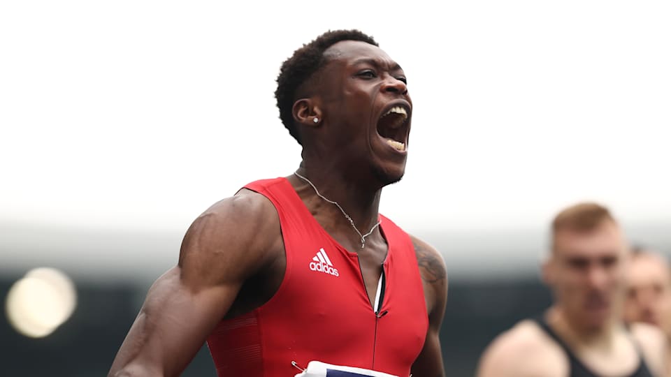 Owen Ansah of Hamburger SV celebrates winning the Men’s 200m Final of the German Athletics Championships 2021 at Eintracht Stadion on June 06, 2021 in Braunschweig, Germany.