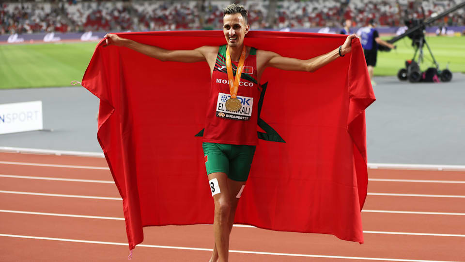 Soufiane El Bakkali of Team Morocco celebrates winning gold in the Men's 3000m Steeplechase Final during day four of the World Athletics Championships Budapest 2023 at National Athletics Centre on August 22, 2023 in Budapest, Hungary.