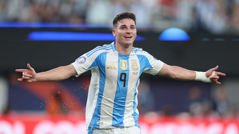Julian Alvarez of Argentina celebrates after scoring in Copa America 2024.