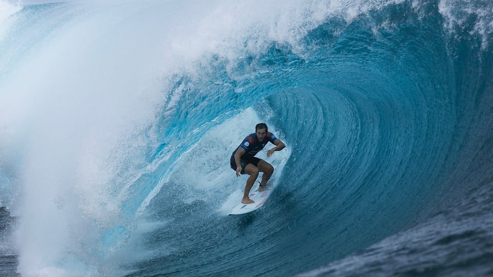 Ramzi Boukhiam of Morocco competes during the Men's Elimaination round of the SHISEIDO Tahiti Pro on May 29, 2024 in Teahupo'o, French Polynesia.