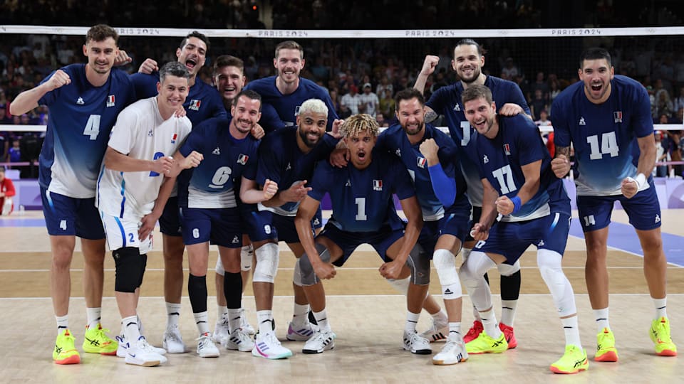 Team France athletes pose for a photo after winning a Men's Preliminary Round - Pool A match between France and Serbia on day two of the Olympic Games Paris 2024 at Paris Arena on July 28, 2024 in Paris, France. 