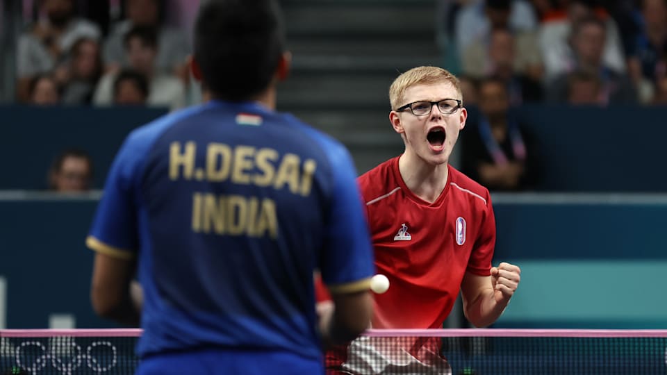 Felix Lebrun of Team France celebrates during the men's Table Tennis Round of 64 Match between Felix Lebrun of Team France and Harmeet Desai of Team India on day two of the Olympic Games Paris 2024 at South Paris Arena on July 28, 2024 in Paris, France.