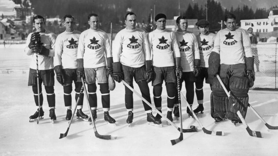 February 1924: The Winter Olympics, Chamonix. The Canadian ice hockey team, the Toronto Granites, who beat the United States in the final 6-1 to take the gold medal