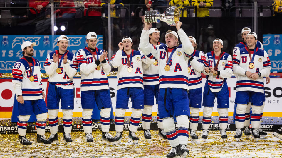  Jackson Lacombe #2 of team USA lifts the IIHF trophy 2025 Ice Hockey World Championship 