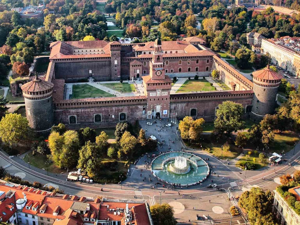 Aerial view of Sforza Castle in Milano, with Parco Sempione in the background