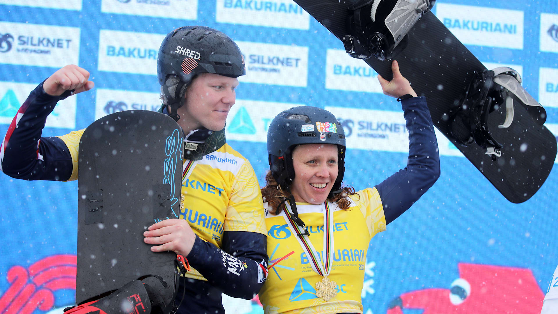 Charlotte Bankes and Huw Nightingale claim snowboard cross mixed