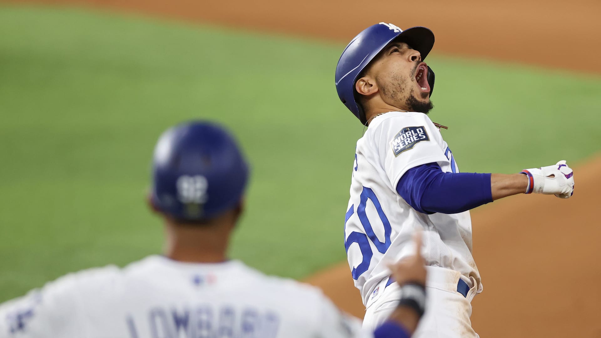 Dodger outfielder Chris Taylor and Dodger catcher Will Smith pose