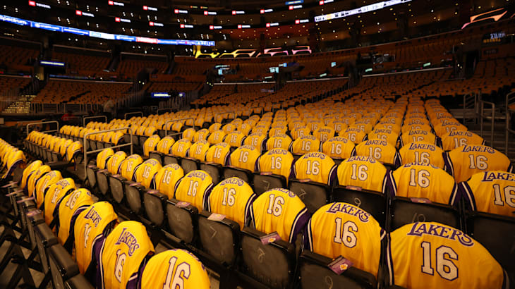 The retired jerseys of the Los Angeles Kings hang in the Staples