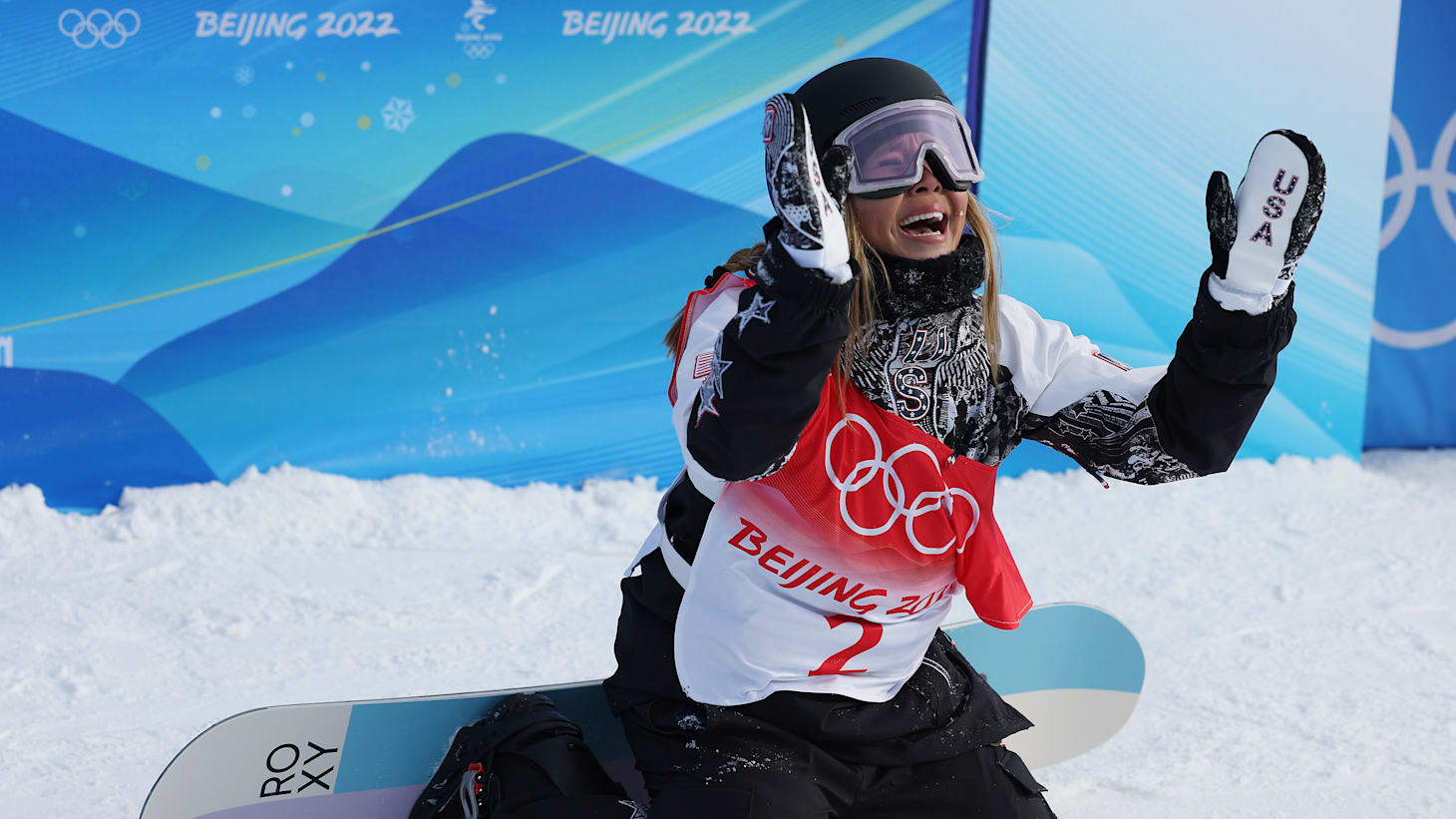 Chloe Kim reacts after