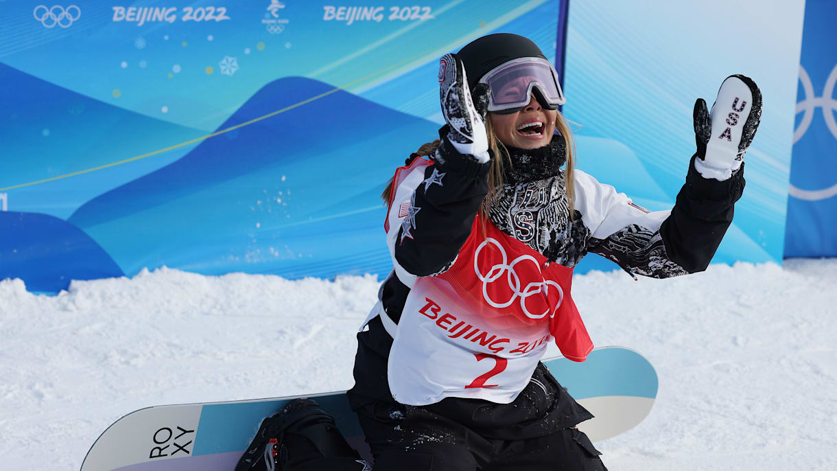 Chloe Kim reacts after