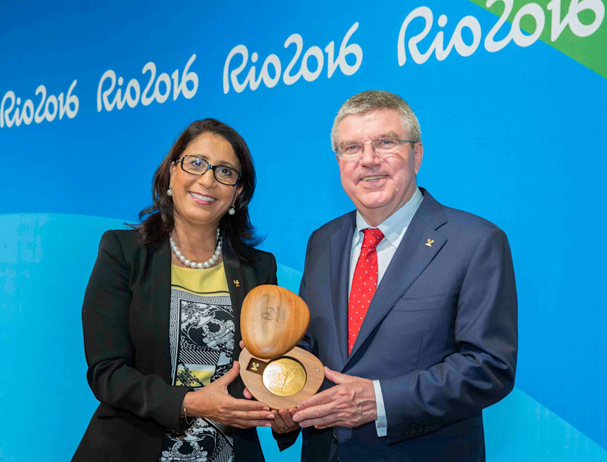 Chair of the Rio 2016 Organising Committee Nawal El Moutawakel and IOC President Thomas Bach