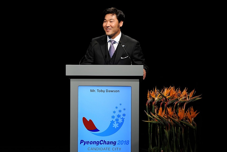 Toby Dawson during the PyeongChang 2018 bid presentation at the 123rd IOC session / Getty Images
