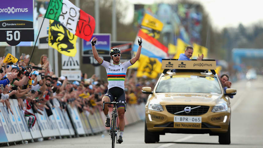 Peter Sagan celebrates winning the 100th edition of the Tour of Flanders on April 2016