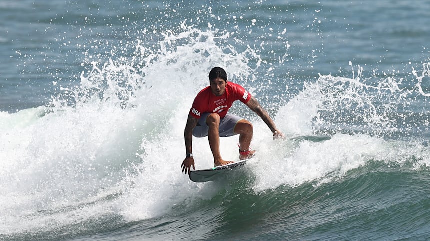 Gabriel Medina of Team Brazil surfs during the Men's Round 1 heat on day two of the Tokyo 2020 Olympic Games at Tsurigasaki Surfing Beach on July 25, 2021 in Ichinomiya, Chiba, Japan.