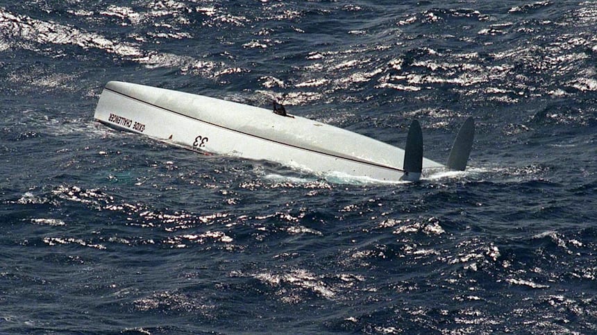 The upturned yacht of Tony Bullimore during the 1996-97 Vendee Globe race. The Briton was rescued five days after its capsize
