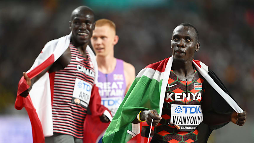 Emmanuel Wanyonyi  reacts after taking silver in the men's 800m final during day eight of the World Athletics Championships Budapest 2023 at National Athletics Centre on August 26, 2023 in Budapest, Hungary.
