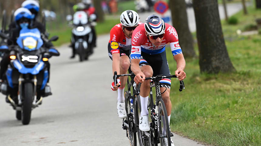 Mathieu Van Der Poel followed by Kasper Asgreen at the 2021 Tour of Flanders